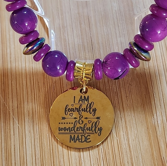 Hand Crafted Charm Stretch Bracelet Purple Gold Engraved Charm Inspirational - Picture 4 of 7
